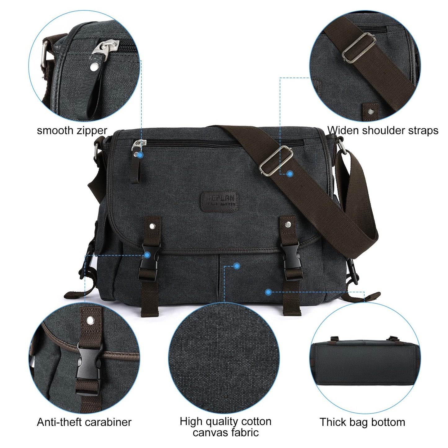 Messenger Bag for Men,Unisex Canvas Shoulder Bag,Classic Vintage Military Messenger Bags for women, satchel Bag,Crossbody Bookbag,Black