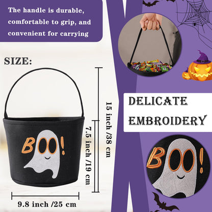 Halloween Bucket Halloween Basket for Kids, Trick or Treat Bags with Embroidery Foldable Candy Buckets Pumpkin Bucket Candies Basket with Handle for Party Decorations, (Black)