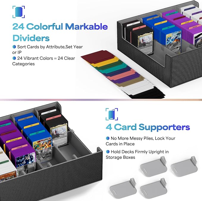 UAONO Trading Card Storage Box, Holds 2400 Sleeved Cards with 24 Dividers & 4 Stoppers, Magnetic Closure PU Leather Card Case for MTG, PTCG, YGO, Sports Cards (Black&Gray)