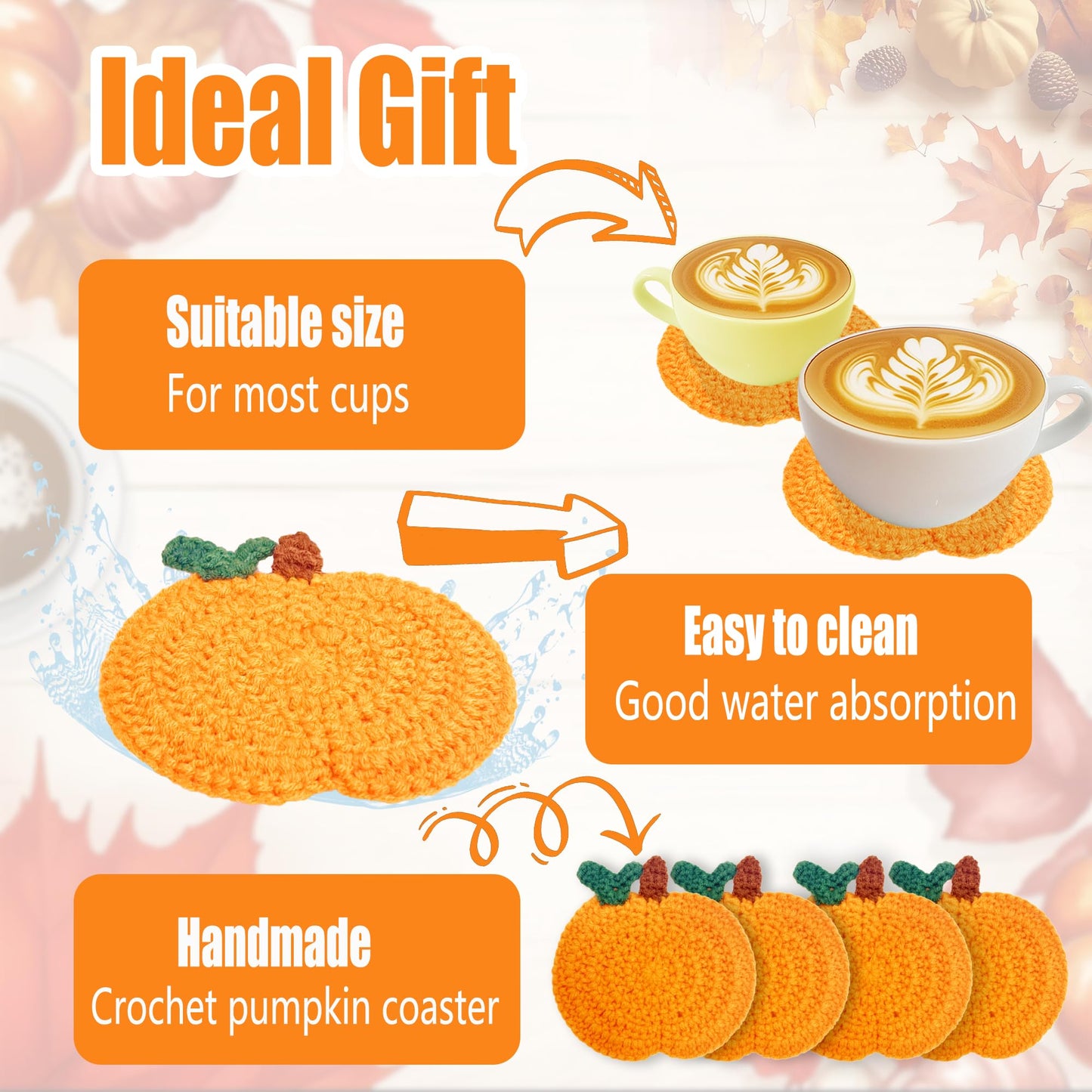 Fall Pumpkin Crochet Coaster 4 Pack, Fall Pumpkin Decor Handmade Knitted Drink Coaster Set, Autumn Decoration Drink Cup Pad Mats for Table Protection, Thanksgiving Home Kitchen Party Table Decor
