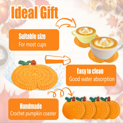 Fall Pumpkin Crochet Coaster 4 Pack, Fall Pumpkin Decor Handmade Knitted Drink Coaster Set, Autumn Decoration Drink Cup Pad Mats for Table Protection, Thanksgiving Home Kitchen Party Table Decor