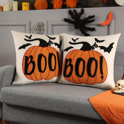LUOYEHK Halloween Pillow Covers 18x18 Set of 2 Boo Embroidery Throw Pillow Covers Farmhouse Halloween Home Decor Cushion Covers for Couch Sofa Bed