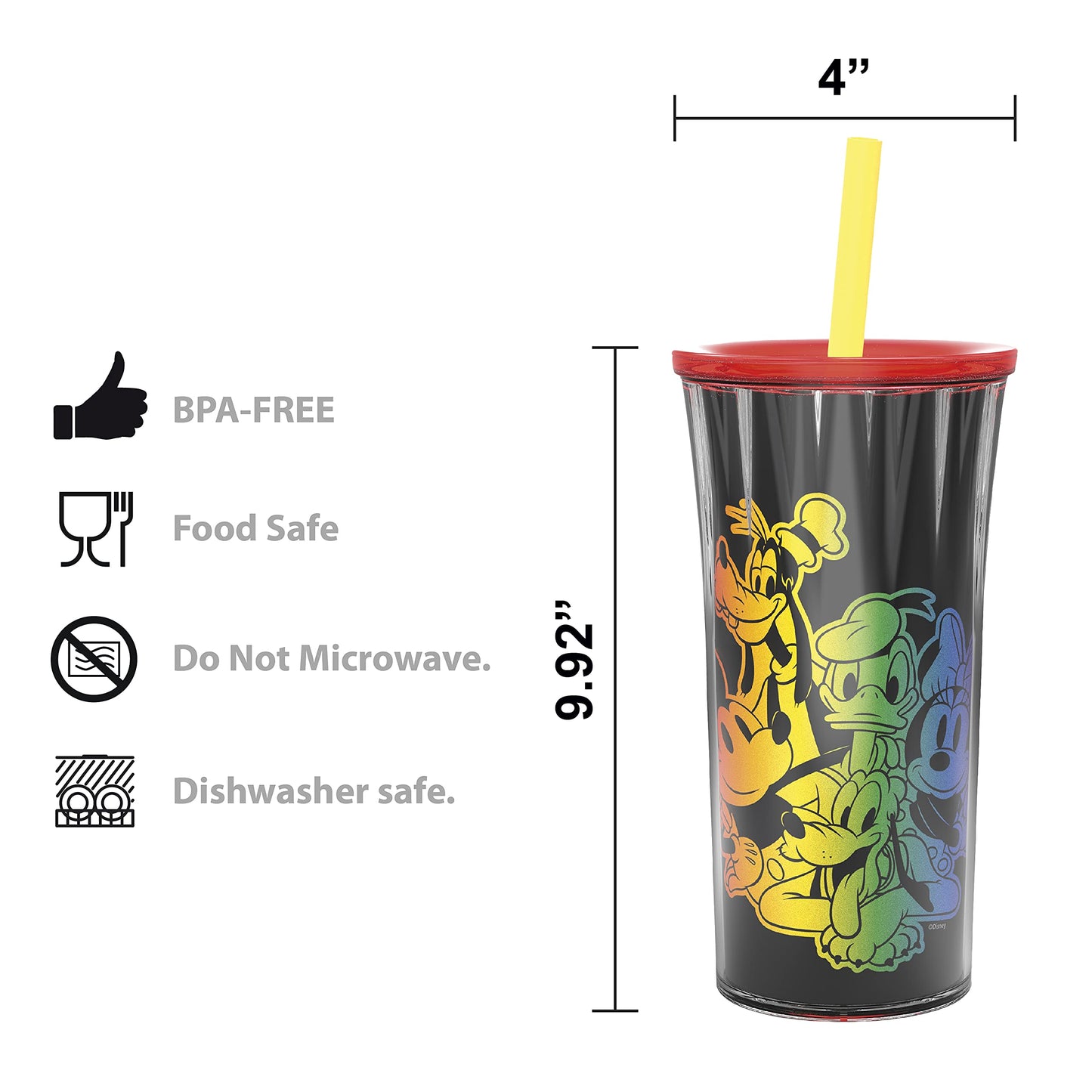 Zak Designs Disney Halloween Rainbow Collection Double-Wall Insulated Plastic Tumbler for Cold Drinks, Travel Cup with Splash-Proof Straw Lid Made with Durable Materials (Mickey and Friends, 20 oz)