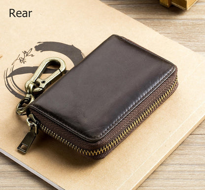 Men's Zipper Key Organizer Rfid Wallet with 6 Hooks Leather Key Holder Case (Dark brown)
