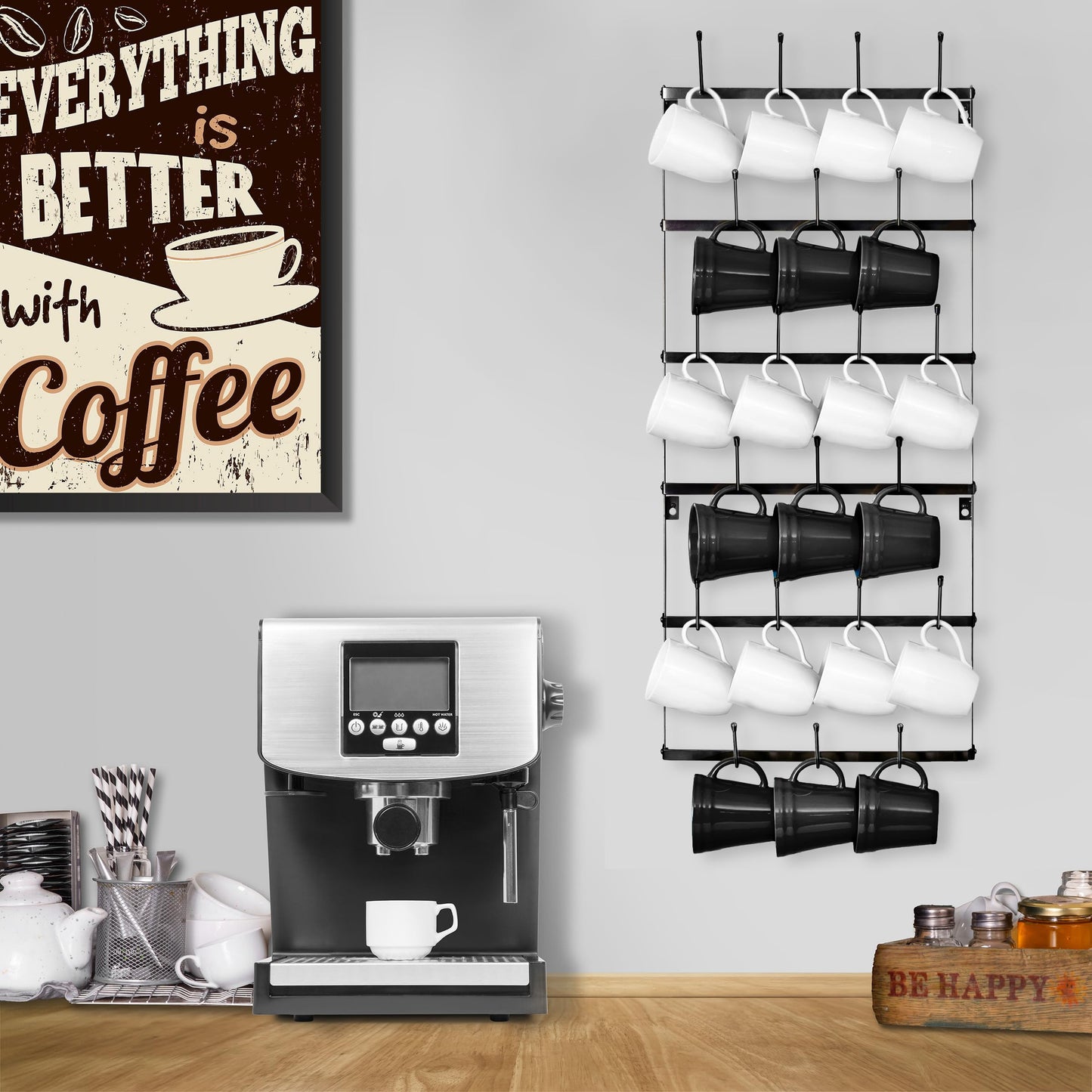 Sorbus Mug Rack for Wall - Small Rustic Coffee Mug Holder Wall Mount with 21 Hooks, Coffee Cup Display Rack, 6-Tier Metal Mug Organizer for Home, Kitchen & Bar, Coffee Station, Dining Room