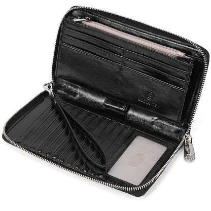 BOSTANTEN Leather Wallet for Women RFID Blocking Zip Around Credit Cards Holder Phone Clutch Black