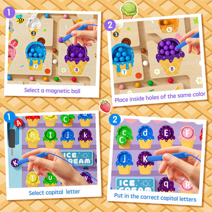 UMEREACT 2 in 1 Magnetic Color and Number Maze Double-Sided ABC Alphabet Puzzles Board Magnet Dinosaur Counting Maze Preschool Learning Montessori Education 3 4 5 Years Toys (Ice Cream, One Size)