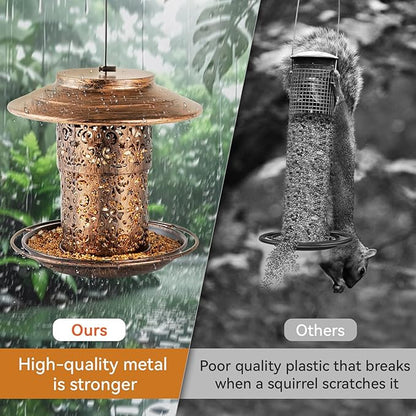 Metal Bird Feeders for Outdoors Hanging, Weather Resistant Wild Bird Feeder with 360 Degree Feeding Tray (Copper)