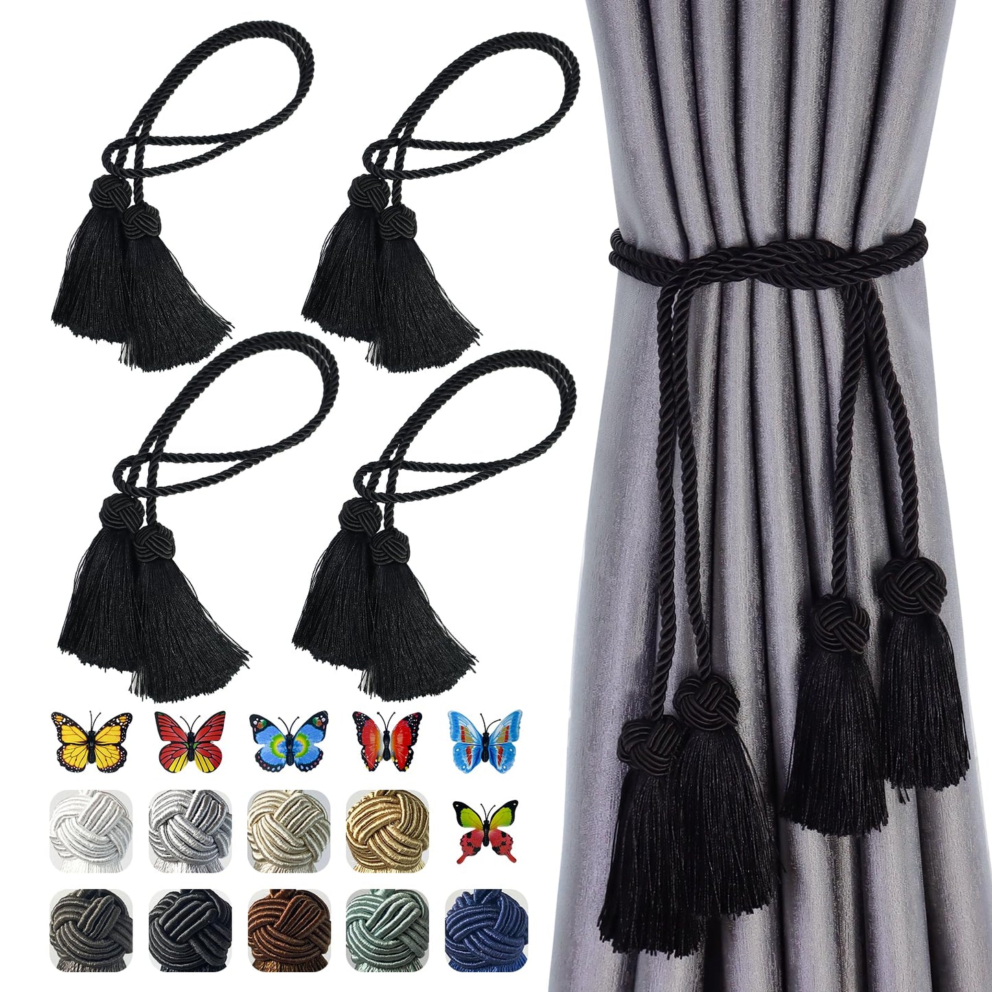 4 Pack Curtain Tassel Tiebacks, Curtains Tie Back Rope with Tassels, Handmade Decorative Curtain Holdbacks for Window Drapes - Black
