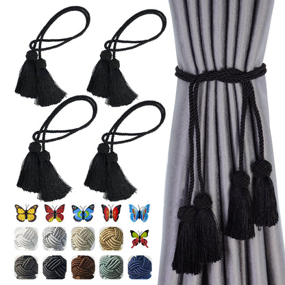 4 Pack Curtain Tassel Tiebacks, Curtains Tie Back Rope with Tassels, Handmade Decorative Curtain Holdbacks for Window Drapes - Black