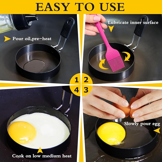 2-Pack 3.5'' Egg Rings Set with Silicone Handle, Stainless Steel Egg Cooking Rings,Nonstick，For Frying Eggs and English Muffins Pancake, Egg Mold Shaper For Breakfast