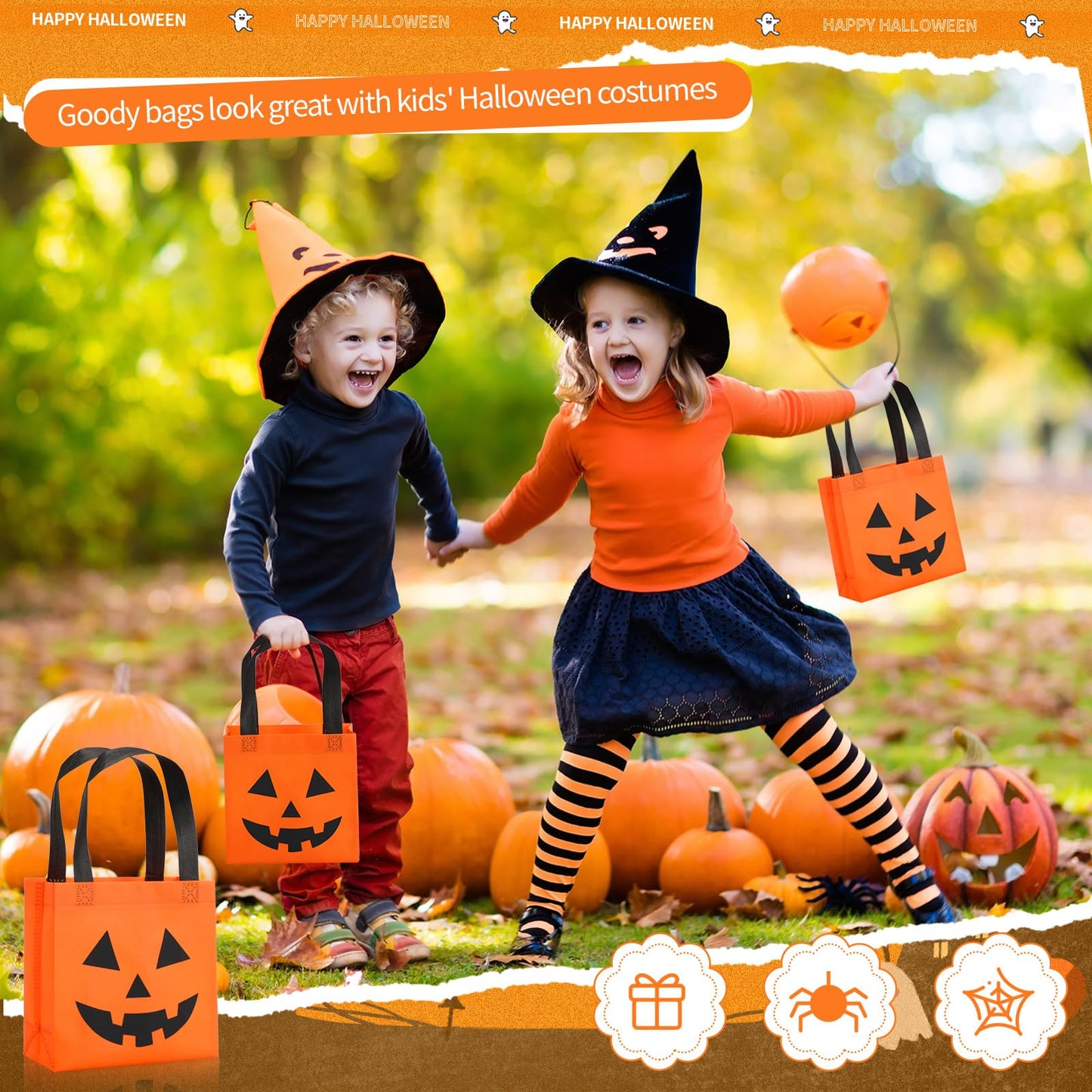 Silkfly 7.9 x 7.9 Inches Halloween Non Woven Bags Pumpkin Bags Trick or Treat Bags with Handles Goody Tote Gift Bag for Halloween Party Favors Supplies Kids Adults (50), (HAA-Silkfly-1274)