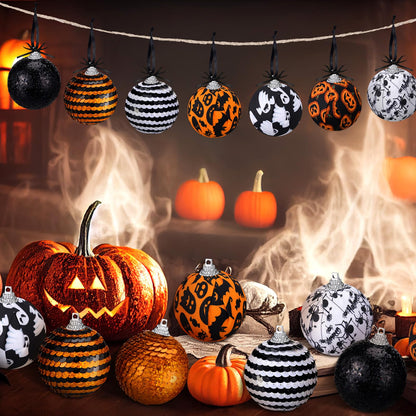 Zeyune 16 Pcs Halloween Ball Ornaments for Tree 2 Inch Halloween Tree Decorations Pumpkin Ghost Bat Spider Glitter Ornaments with Sequins for Holiday Party Decor
