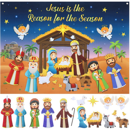 Tiamon Felt Christmas Tree for Kids Nativity Story Board Set Advent DIY Religious Nativity Scene with 17 Pcs Detachable Wall Ornaments Felt Board Craft Gift for Toddler Classroom Door Wall Decor