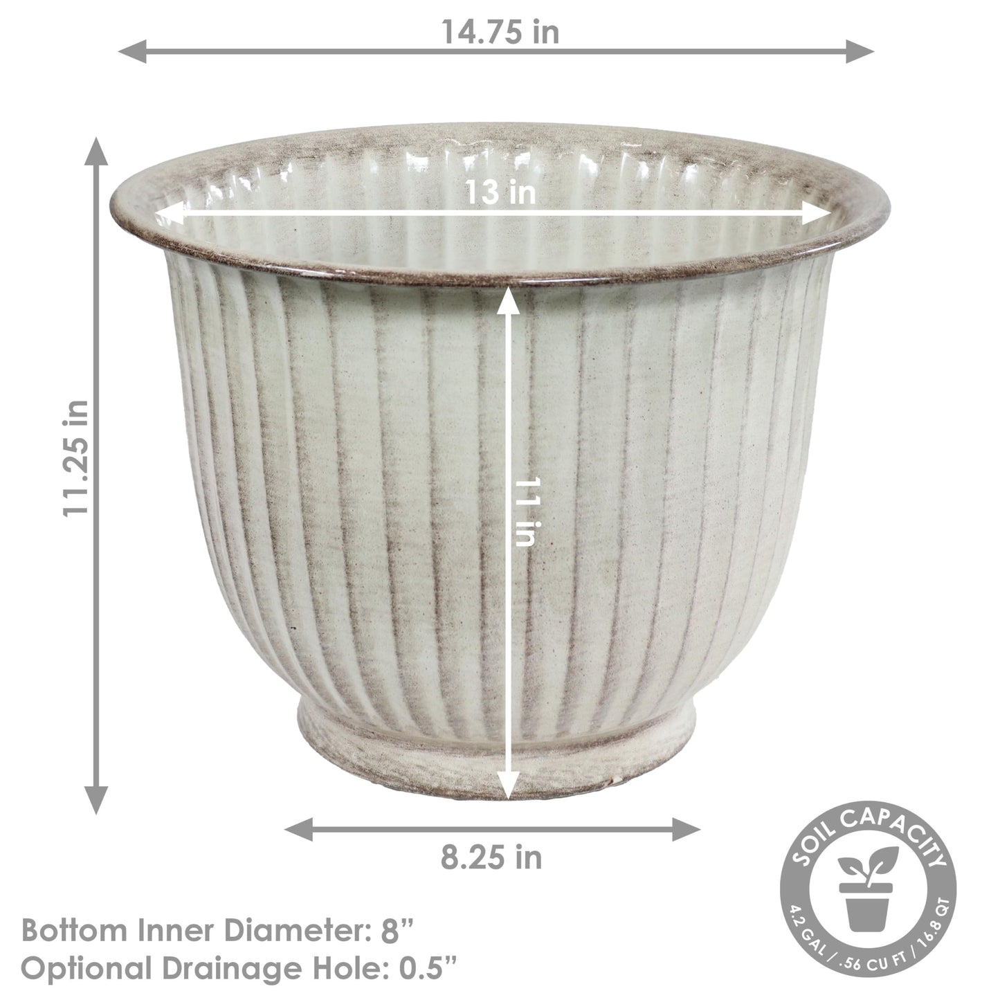 Sunnydaze Carlotta 14.75" Metal Outdoor Plant Pot Set with Drainage Holes and Rubber Plugs - White Glaze - Set of 4