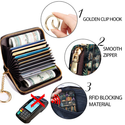 Credit Card Holder Small Wallets Woman, Goth Gothic RFID Wallet Keychain Wristlet for Women Zipper Lanyard, Funny Skull Bookshelf PU Leather Accordion Card Case Organizer Purse Witchy Gifts Ladies