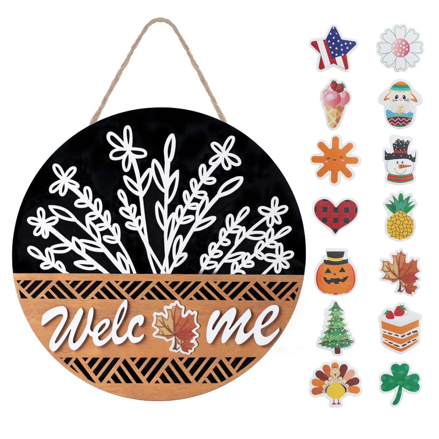 Interchangeable 3D Welcome Sign for Front Door, Rustic Round Wood Wreaths Wall Hanging Decor, House Warming Gifts New Home Decorations, for Spring Summer Fall Winter All Seasons Porch Christmas