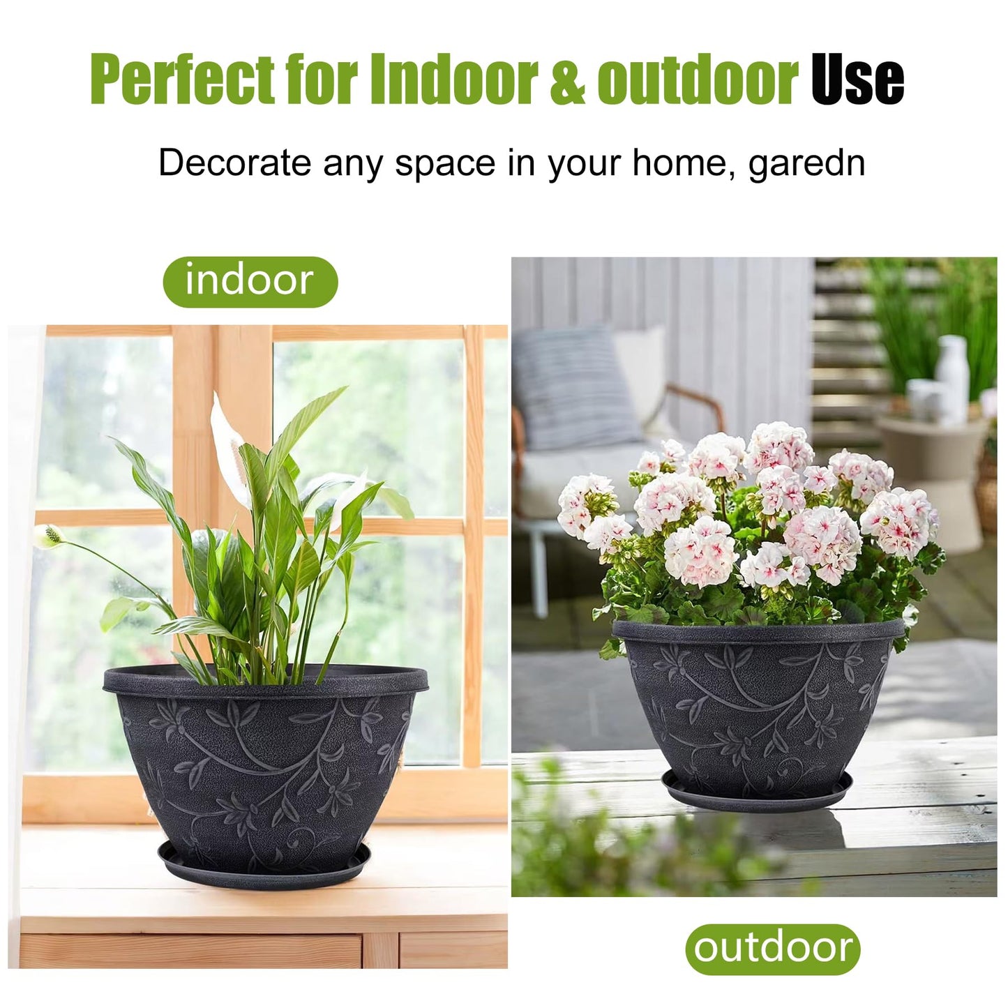Nooulap 4 Pack 10 Inch Flower Pots for Outdoor Indoor, Plastic Plant Pots with Drainage Hole & Saucer, Lightweight Small Resin Flower Pot, Outdoor Planters Imitation Magnolia for Garden House（Gray）