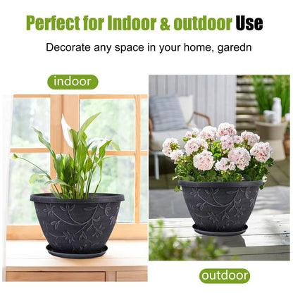 Nooulap 4 Pack 10 Inch Flower Pots for Outdoor Indoor, Plastic Plant Pots with Drainage Hole & Saucer, Lightweight Small Resin Flower Pot, Outdoor Planters Imitation Magnolia for Garden House（Gray）