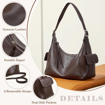 MFFOR Genuine Leather Hobo Bags, Tote Bag for Women, Slouchy Shoulder Purse, Crossbody Bags with 2 Removable Strap (Coffee)