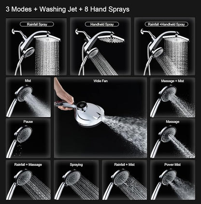BOZYBO Rain Shower Head with Handheld: High Pressure Shower Heads with Handheld Spray Combo, 12" Rainfall Shower Head and 9 Sprays Hand Showerheads with Magnetic Docking and Power Jets, Chrome 1.8GPM