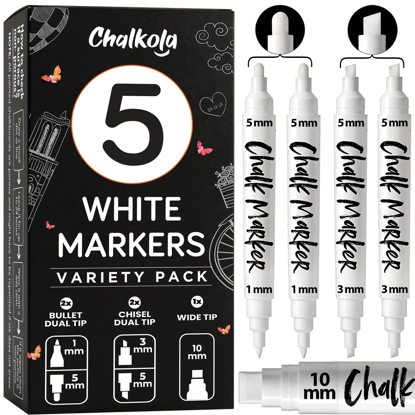 Chalkola 5 White Chalk Markers - Dual tip, Chisel & Bullet Tip (1mm, 3mm, 5mm), Wide Tip (10mm) | Erasable Liquid Chalk Pens for Blackboard, Chalkboard Signs, Car Window, Bistro, Glass