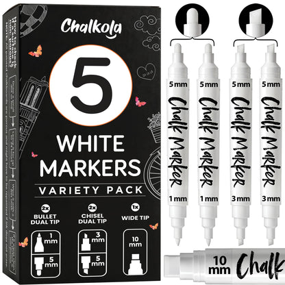 Chalkola 5 White Chalk Markers - Dual tip, Chisel & Bullet Tip (1mm, 3mm, 5mm), Wide Tip (10mm) | Erasable Liquid Chalk Pens for Blackboard, Chalkboard Signs, Car Window, Bistro, Glass