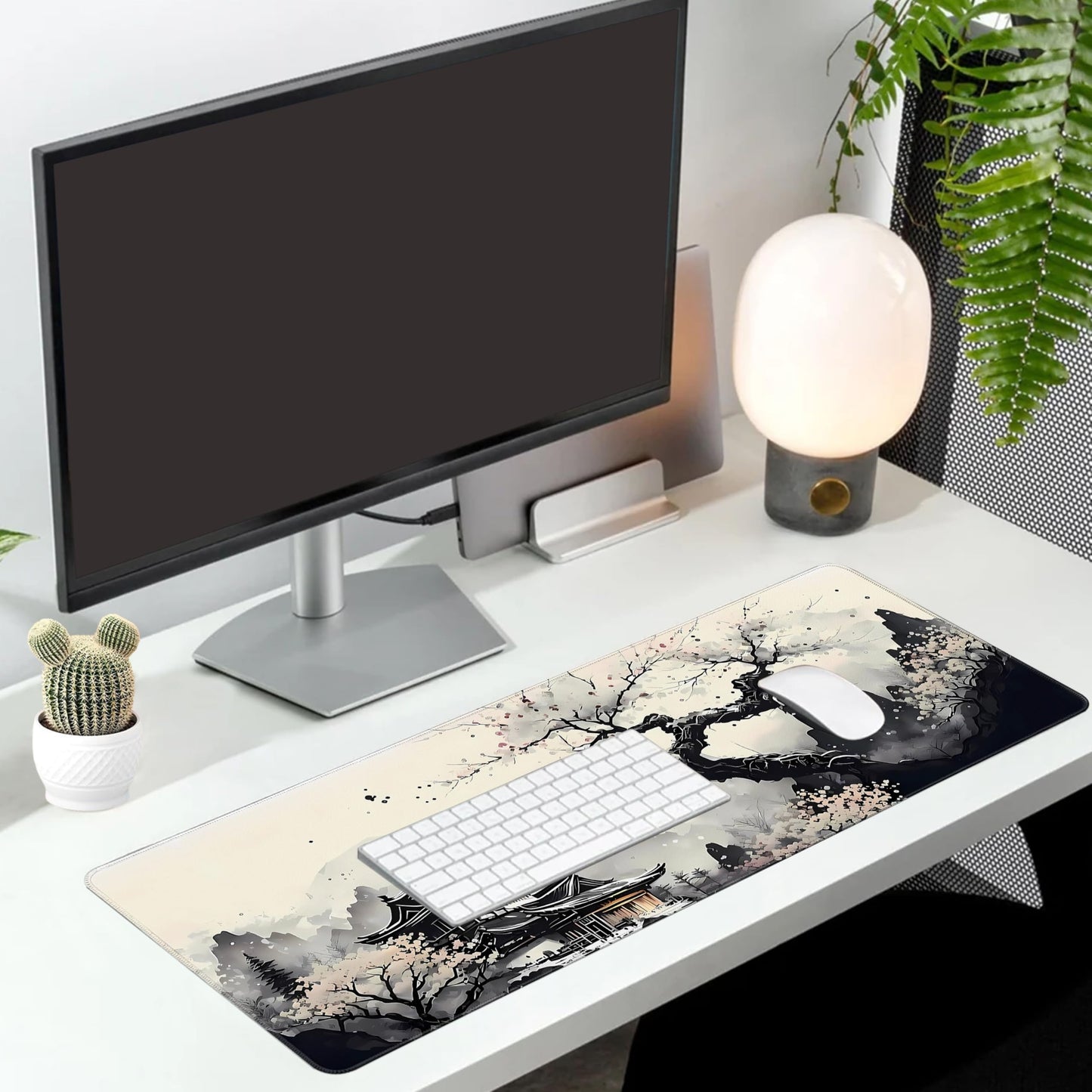 Extended Gaming Mouse Pad Anime Large Desk Pad with Non-Slip Base Full Keyboard Mat with Stitched Edges for Gaming and Office 31.5 x 11.8 inches (Wash Painting)