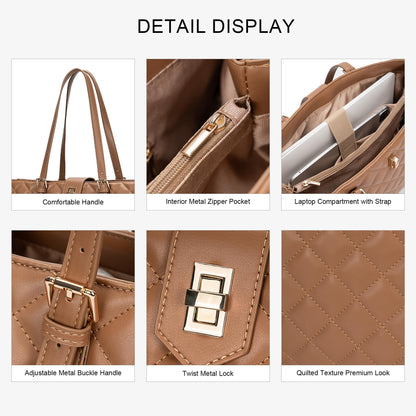 BAGOK Quilted Laptop Tote Bag for Women, Large Capacity Work Tote with Laptop Compartment & Multi Pockets, Fits 13-14" Laptop, Nurse & Teacher Work Bag for Office, Business & Daily Use（Brown）
