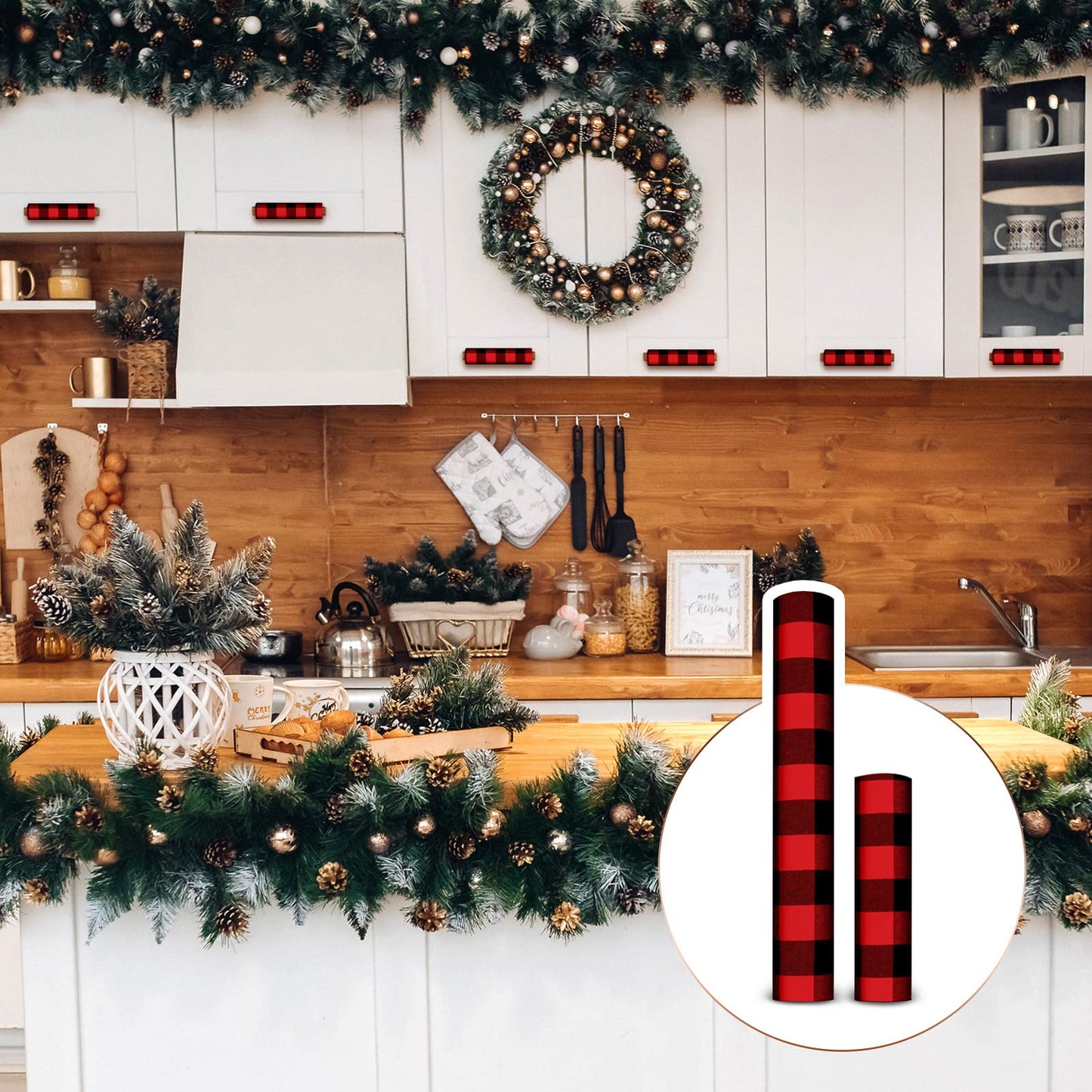 8 Pcs Christmas Refrigerator Handle Covers Christmas Decorations Indoor Cabinet Handle Covers Farmhouse Buffalo Plaid Kitchen Appliance Oven Fridge Handle Protector(Red and Black,Oblique Plaid)