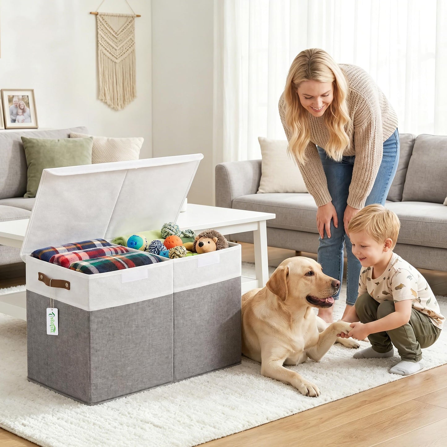 Bagnizer Large Toy Storage Box with Lids, Collapsible Sturdy Baby Storage Organizer Chest Bin Basket for Kids, Boys, Girls, Playroom, Nursery, Bedroom, Closet 25"x13"x16" (Gray and White)