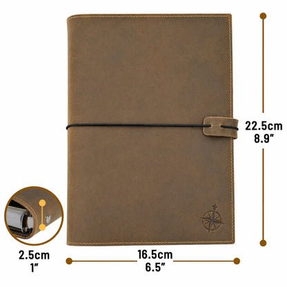 Wanderings A5 Leather Binder Planner - Refillable 6 Ring Journal with Inner Pockets - Hand-Crafted Genuine Leather Organizer- Filofax Compatible. 2026/27 Monthly Weekly Calendar with Notes - 6" x 8.5"