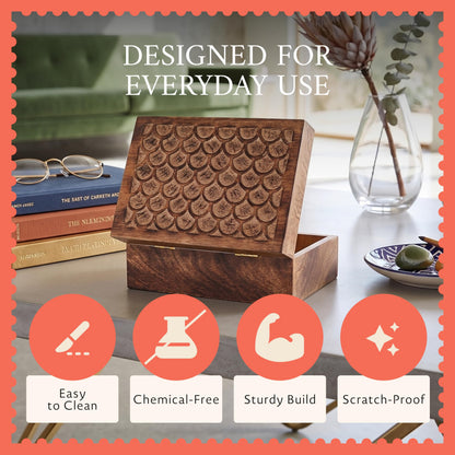 Mela Artisans 10.5” x 7.5” x 4” Mango Wood Box with Lid – Carved Scallop Medium Burnt – Handcrafted Wooden Keepsake Box – Extra Large Decorative Storage for Jewelry, Memory & Home Décor Accents