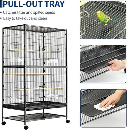 GarveeHome 60" H Large Bird Cage, Bird Cage with Rolling Storage Stands, Feed Bowls, Wide Tall Parakeet Cage for Parrots, Conures, Cockatiel, Cockatoo