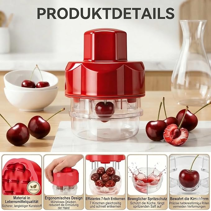 7-in-1 Cherry Pitter Tool - Portable Push-Down Cherries Seed Remover, No Handle Design for Kitchen, Picnics