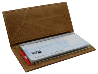 Genuine Leather Checkbook Cover For Men & Women Checkbook Holder Wallet RFID Blocking USA Series (Tan Plain)