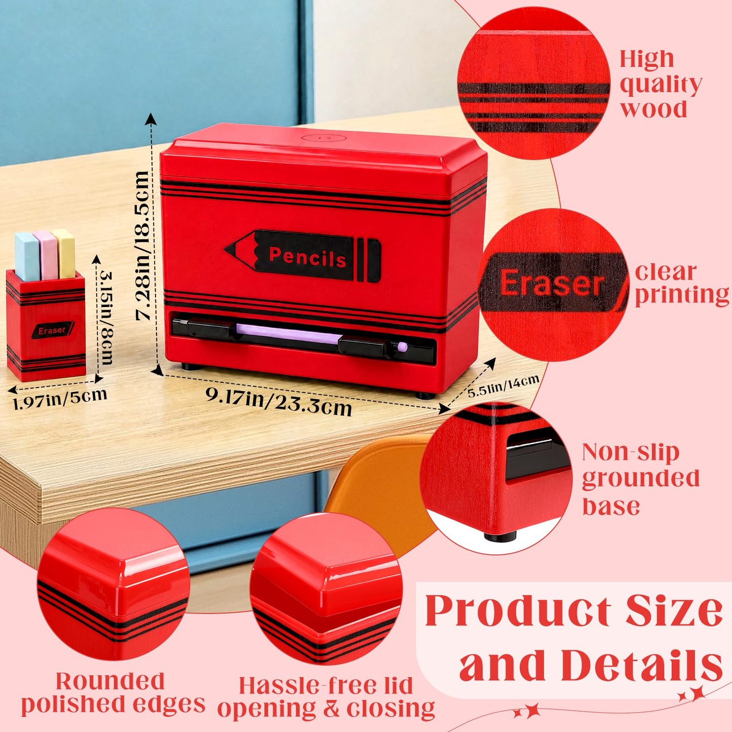 Gueevin 2pcs Pencil Dispenser for Classroom, Fun Desk Organizer with Eraser Holder, Interactive Pencil Storage for Teachers, Students & Homeschool Desk Organizer, Back to School Supplies(Red)