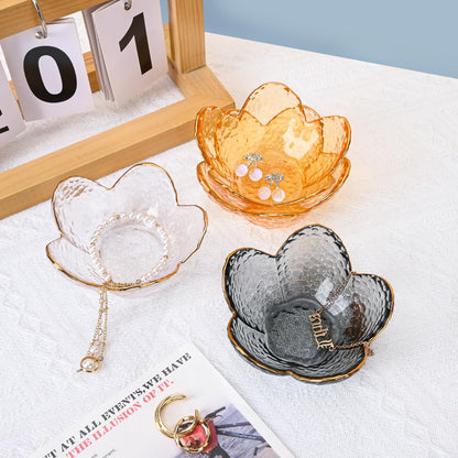 Koythin 3-Piece Glass Jewelry Tray, Small Trinket Holder for Necklace Bracelet Earring, Ring Holders for Bathroom, Aesthetic Trinket Dish, Flower Nightstand Decor for Girl Mom (Transparent White)