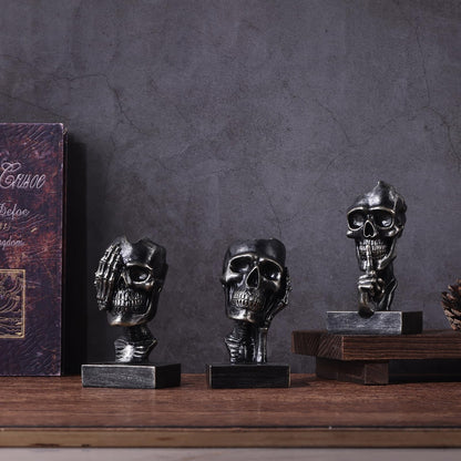Don't Look, Don't Hear, Don't Speak Skeleton 3-Piece Set Statues Halloween Skeleton Decorative Statues Gothic Style Suitable for Living Room Coffee Tables, Offices, TV Cabinets, Bookshelf Decor