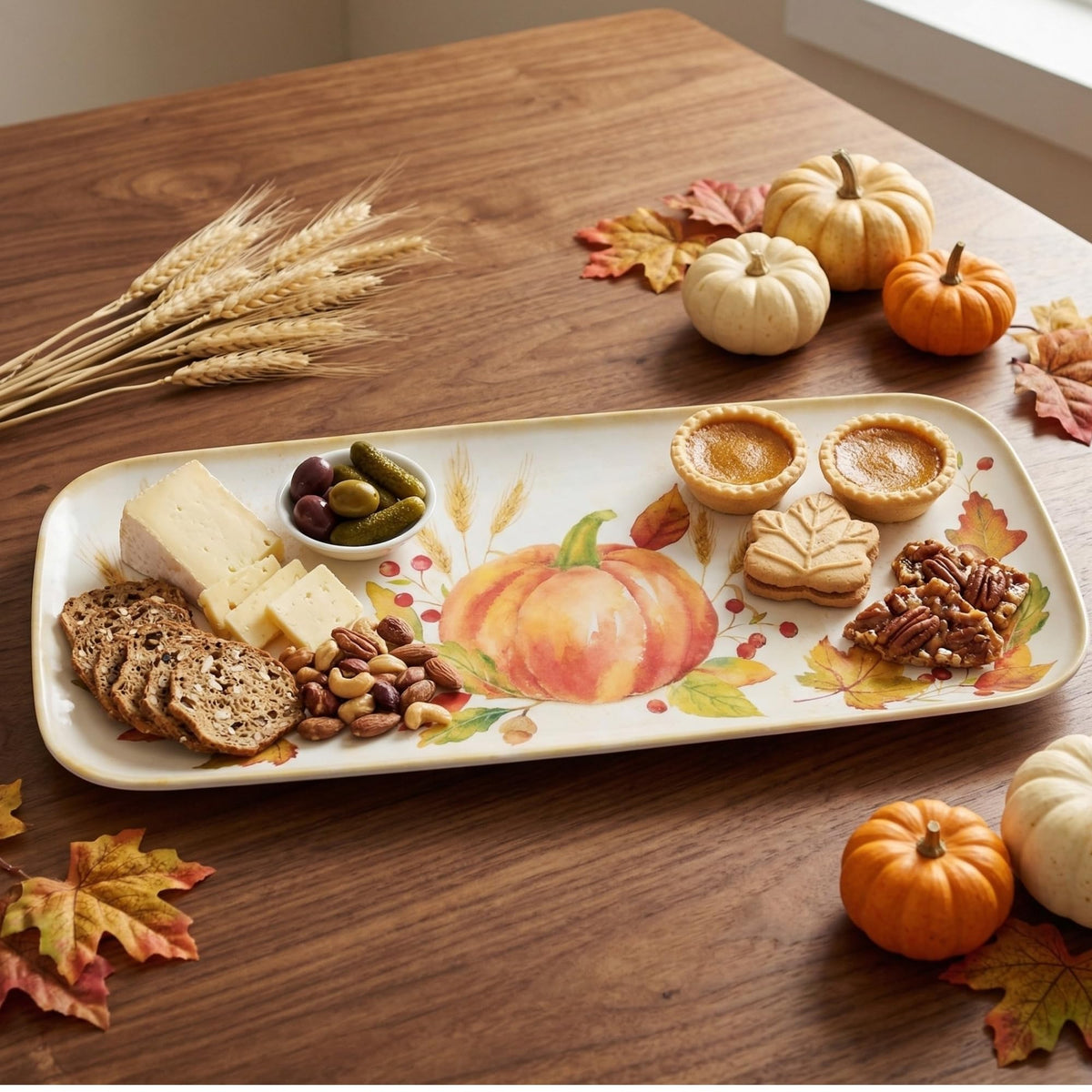 UPware Harvest Pumpkin Melamine Serving Tray, 15 x 6.5 Inch Rectangular Serving Platter, BPA Free Food Tray for Party Entertaining