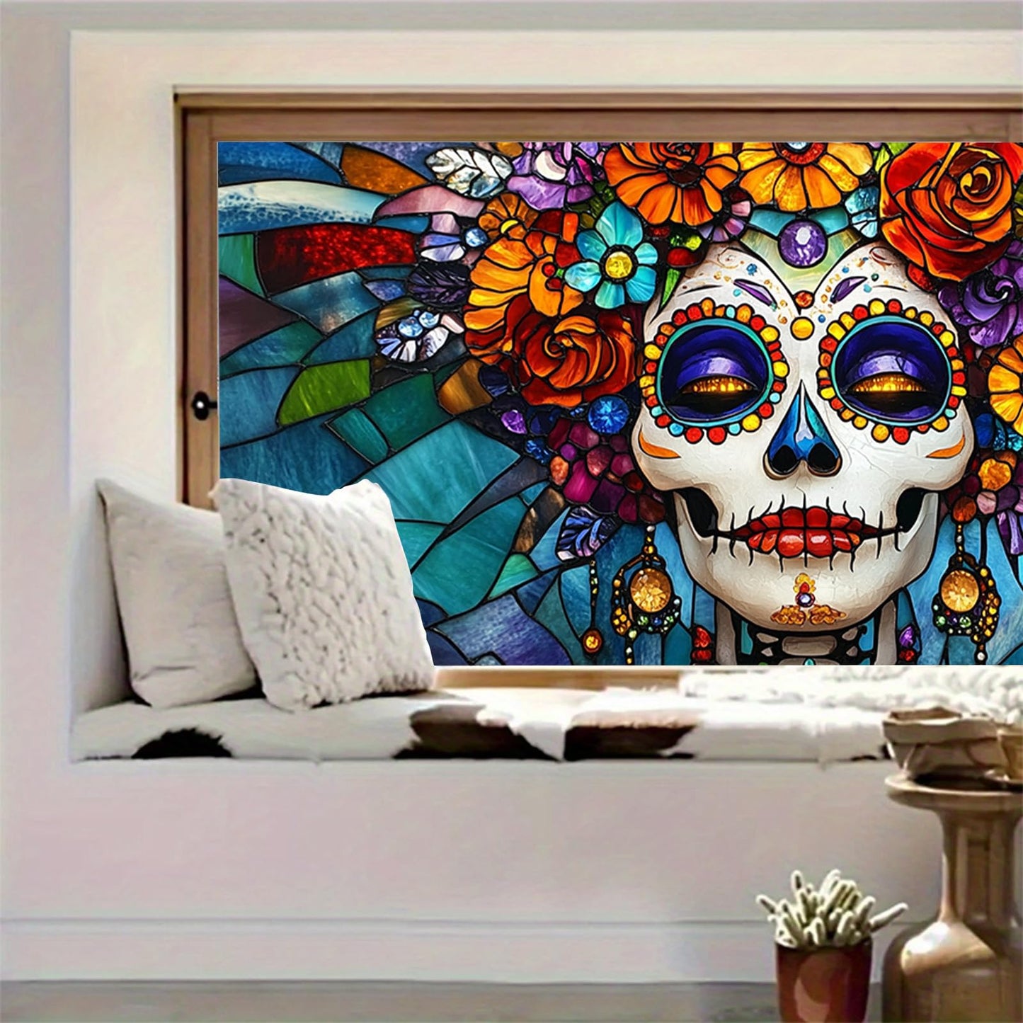 HOMETITUTE Day of The Dead Window Film 39.3x17.7 Inch Sugar Skull Cling Dia de Los Muertos Gothic Halloween Window Sticker for Glass Decor Calavera Removable Window Art for Home Office