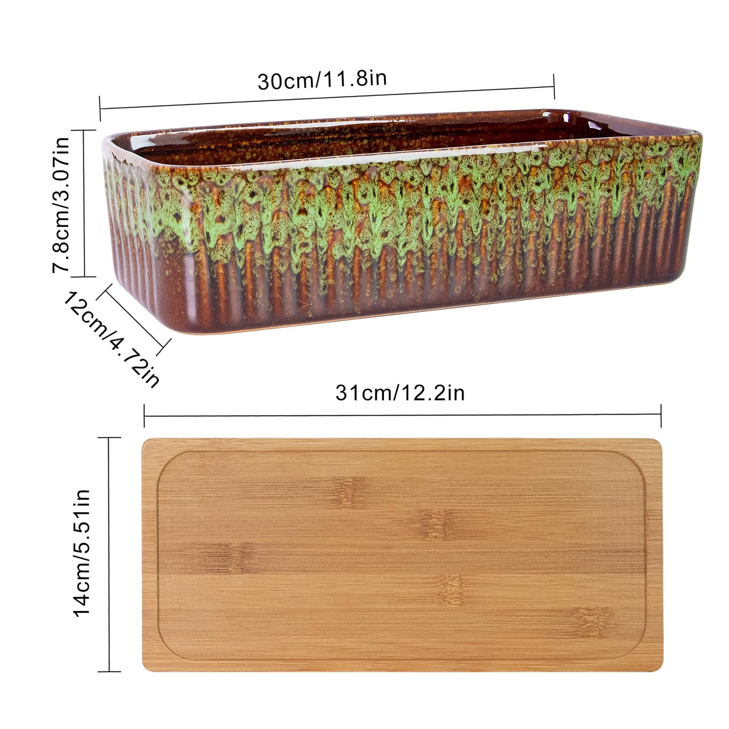 Succulent Pots - 12'' Large Succulent Planters with Drainage Tray Set of 2, Window Sill Planter, Long Rectangle Ceramic Pots for Indoor Cactus Plants Shallow Bonsai Window Box for Home Garden Decor