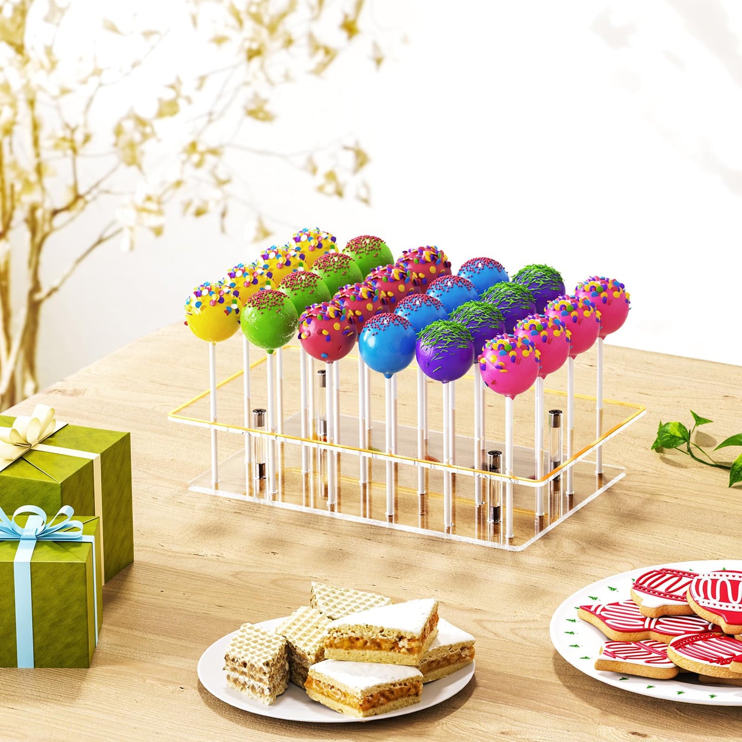DEMEGA Cake Pop Stand 24 Holes Lollipop Display Stand, Acrylic Clear Cake Pop Holder Lollipop Display for Dessert Table Weddings Birthday Party Halloween Candy Decorative