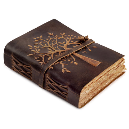 LEATHER VILLAGE Tree of Life Journal - 8 X 6 (A5) inches - Rustic Brown - 200 Antique Deckle Edge Handmade Paper – Book of Shadows - Vintage Leather Bound Journal for Women & Men
