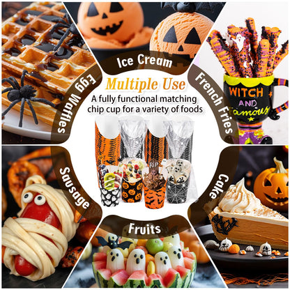 Whaline 100 Sets Halloween Charcuterie Cups with Sticks Bags Twist Ties 14Oz Black-Orange Ghost Pumpkin Bat Spider Web French Fry Holder for Trick or Treat Party Supplies