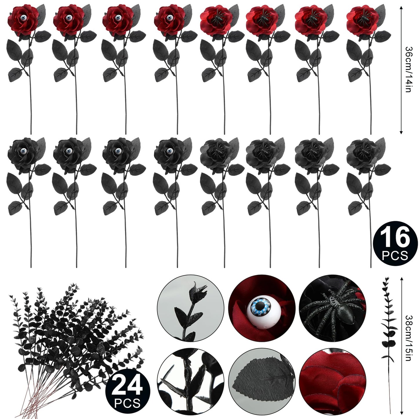 Hotop 40 Pcs Halloween Flowers with Eyeball and Spider, Fake Bouquet Bloody Black Roses Artificial Flowers with Black Eucalyptus Stems for Halloween Vase Arrangements Table Decorations