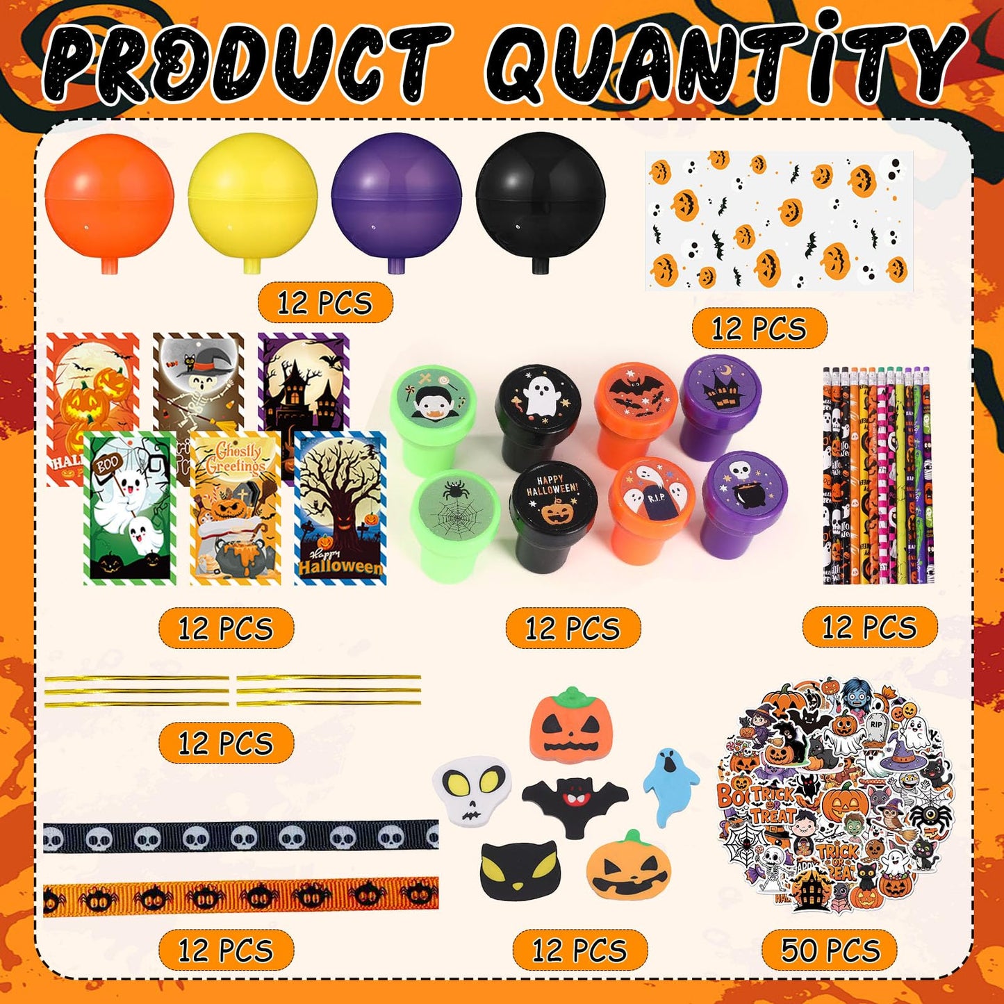 134Pcs Halloween Party Favors Gift Trick or Treat Container, Giant Lollipop with Gift Cards Pencils Stickers Erasers Stampers Bags Ribbons for Classroom School Exchange Party Favors