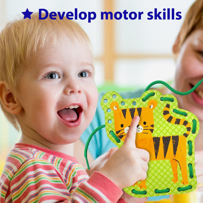 KRAFUN My First Lacing Cards Kit for Toddlers & Kids Age 3+, 10 Safari Animal Arts & Crafts Projects, Fine Motor Skills Toys with Lion Monkey Elephant Tiger Giraffe Hippo Zebra Bear