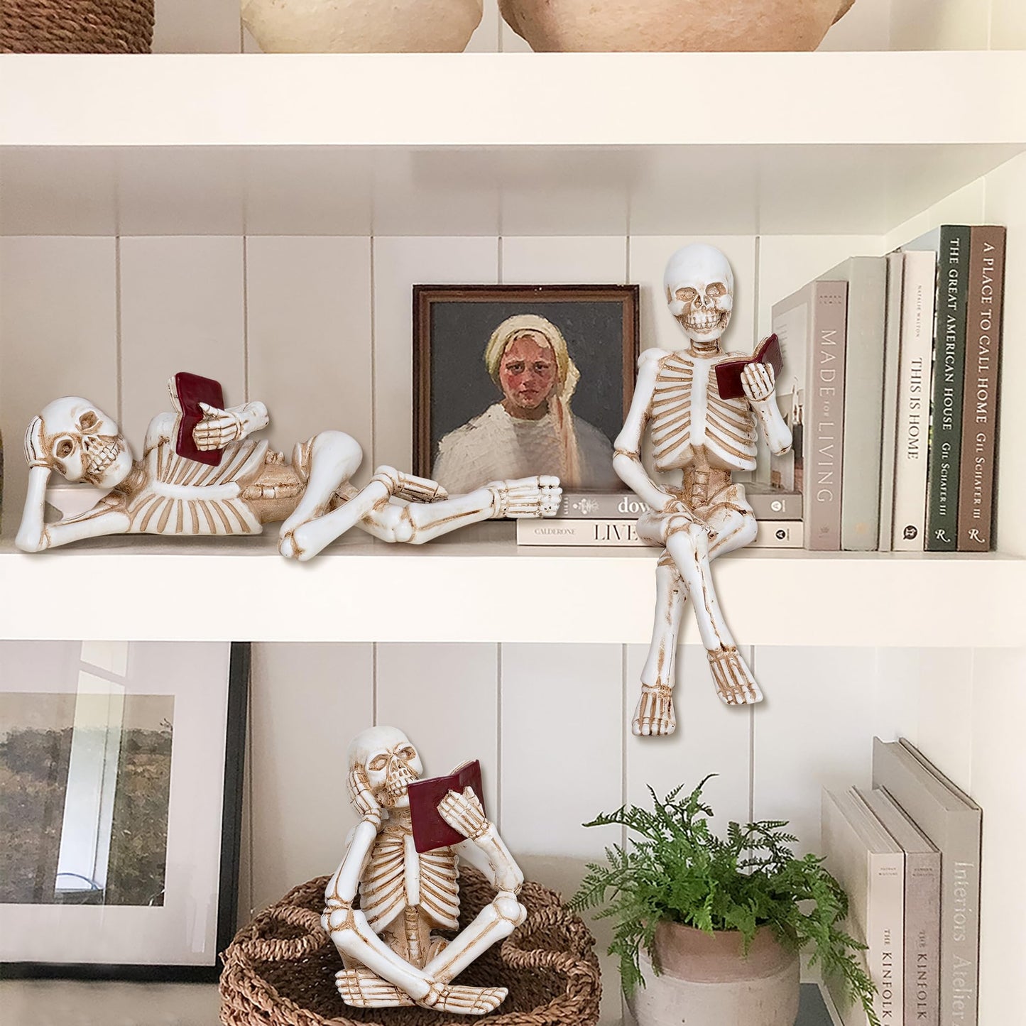 Dawbun 3 Piece Halloween Indoor Decor Figurines Sitting Skeleton Statue Halloween Decorations mini Reading Skull Figurine Home Decor for Living Room Table Shelf Ornament