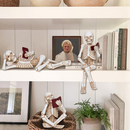 Dawbun 3 Piece Halloween Indoor Decor Figurines Sitting Skeleton Statue Halloween Decorations mini Reading Skull Figurine Home Decor for Living Room Table Shelf Ornament